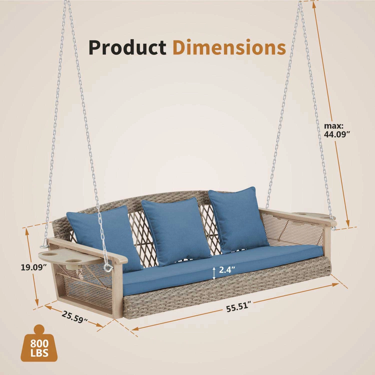 3-Seater Outdoor Porch Swing with Cup Holders, Blue