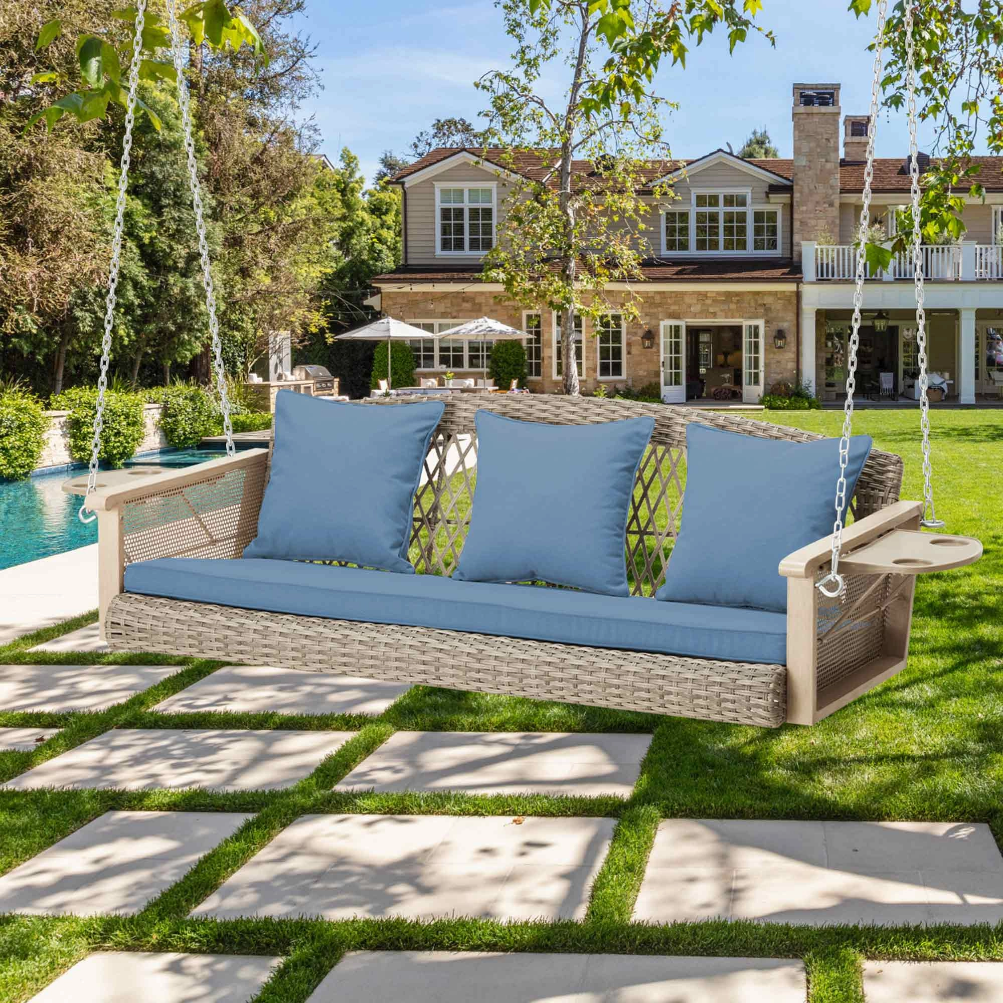3-Seater Outdoor Porch Swing with Cup Holders, Blue