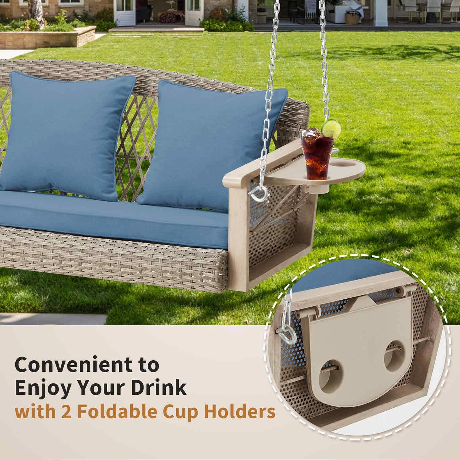 3-Seater Outdoor Porch Swing with Cup Holders, Blue