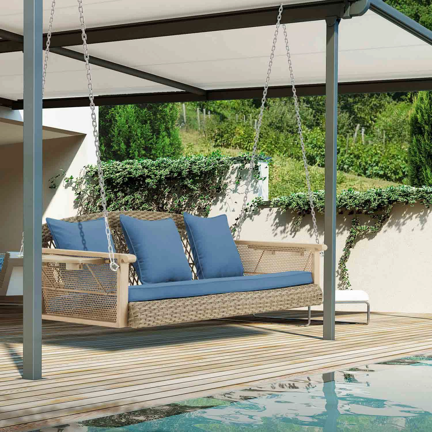 3-Seater Outdoor Porch Swing with Cup Holders, Blue
