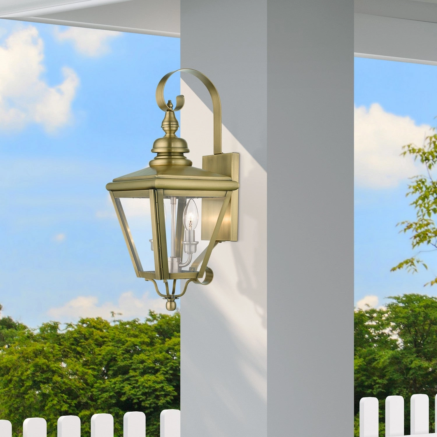 Adams Two Light Outdoor Wall Lantern Antique Brass with Brushed Nickel