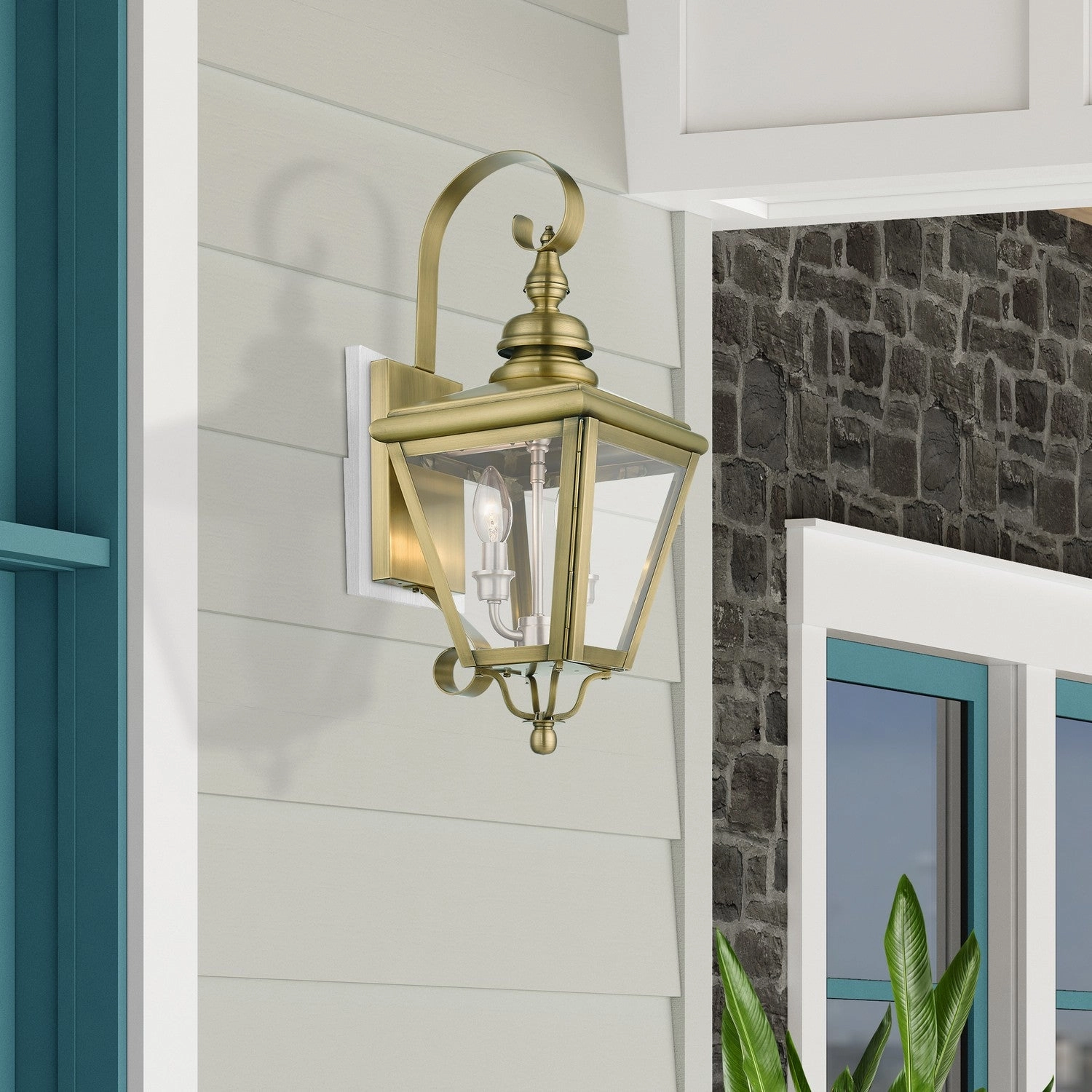 Adams Two Light Outdoor Wall Lantern Antique Brass with Brushed Nickel