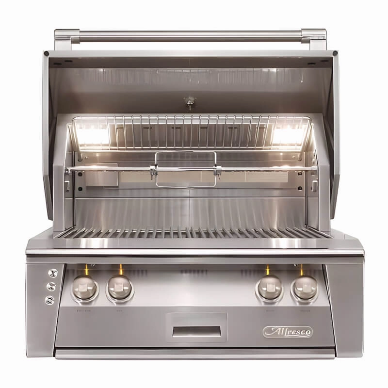 Alfresco ALXE 30-Inch Built-In Grill With Sear Zone And Rotisserie stainless steel BBQ grill with side table