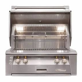 Alfresco ALXE 30-Inch Built-In Grill With Sear Zone And Rotisserie stainless steel BBQ grill with side table
