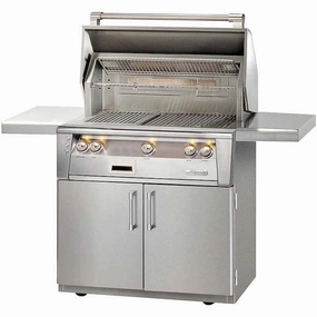 Alfresco ALXE 36-Inch Freestanding Gas Grill With Sear Zone And Rotisserie stainless steel BBQ grill with side table