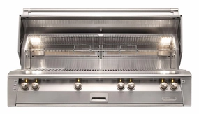 Alfresco ALXE 56-Inch Built-In Gas All Grill With Sear Zone And Rotisserie ALXE-56BFG stainless steel BBQ grill with side table