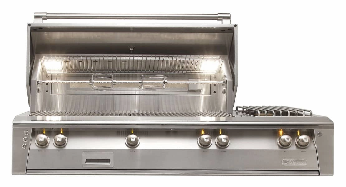 Alfresco ALXE 56-Inch Built-In Gas Deluxe Grill With Rotisserie And Side Burner ALXE-56 compact BBQ grill for small spaces