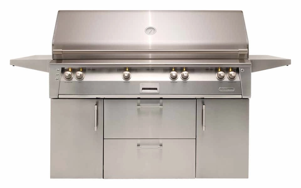 Alfresco ALXE 56-Inch Freestanding Gas All Grill With Sear Zone And Rotisserie ALXE-56BFGC stainless steel BBQ grill with side table