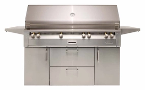 Alfresco ALXE 56-Inch Freestanding Gas All Grill With Sear Zone And Rotisserie ALXE-56BFGC stainless steel BBQ grill with side table