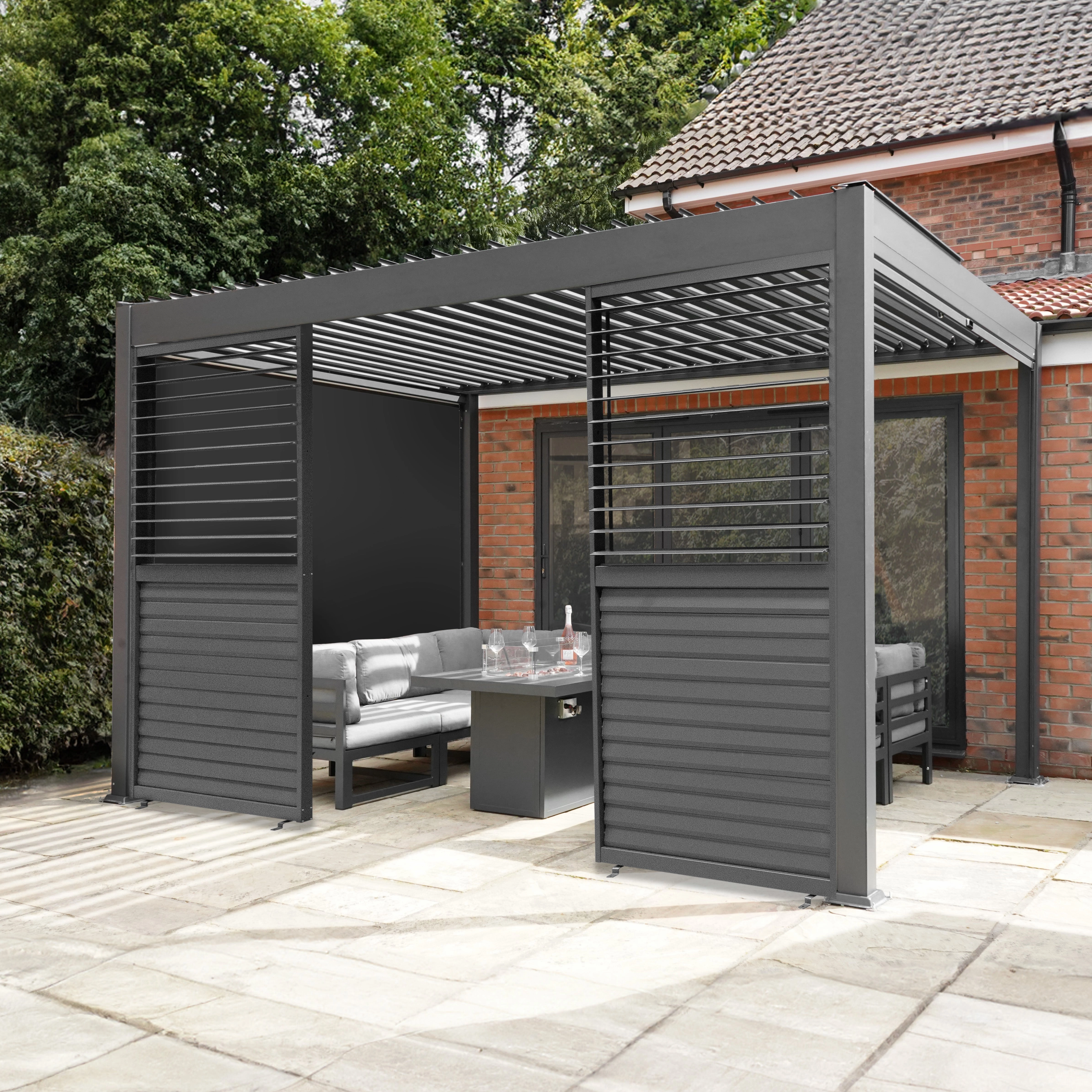 Aluminium Pergola With Anthracite Blinds, 2 x Side Panels & LED Lights - 3m x 4m