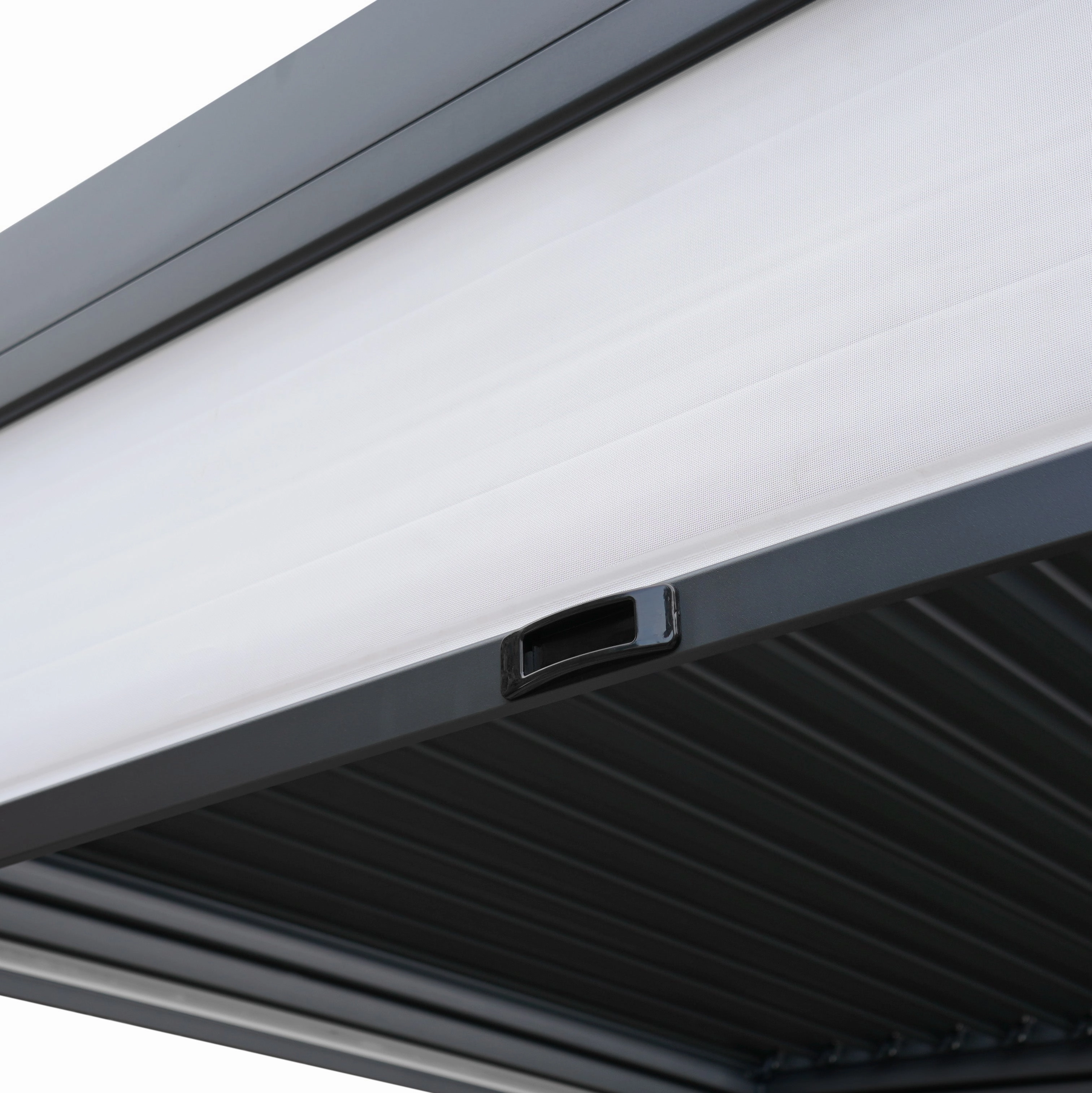Anthracite Aluminium Pergola With White Blinds & 2 Shutter Panels - 3m x 3m