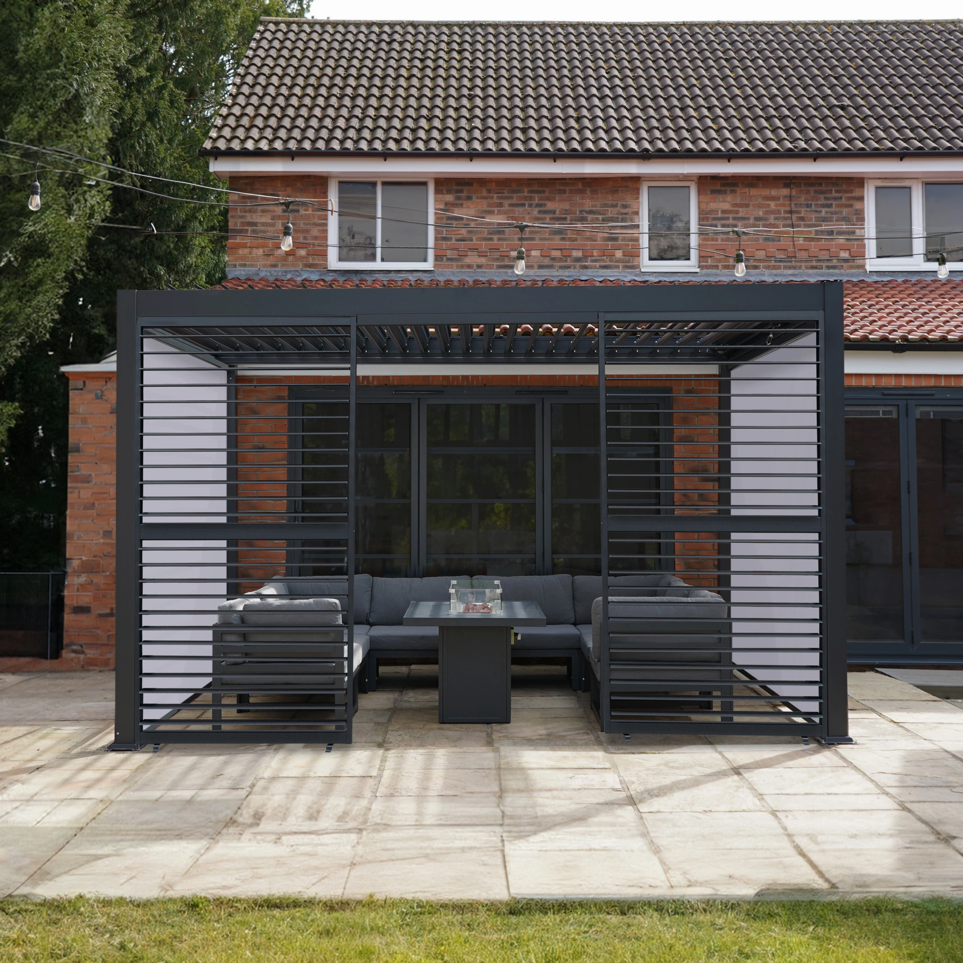 Anthracite Aluminium Pergola With White Blinds & 2 Shutter Panels - 3m x 3m