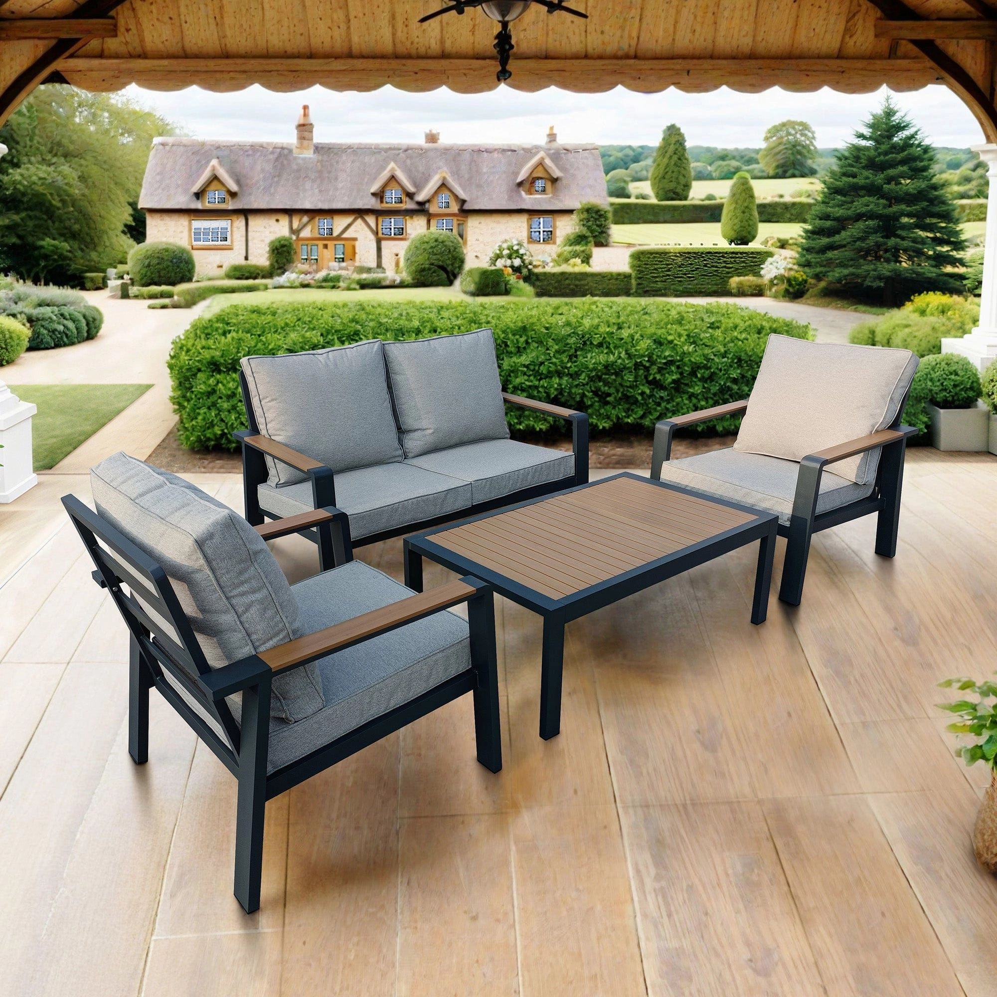 Antigua - 2 Seat Sofa Set In Grey Aluminium With Wood Effect