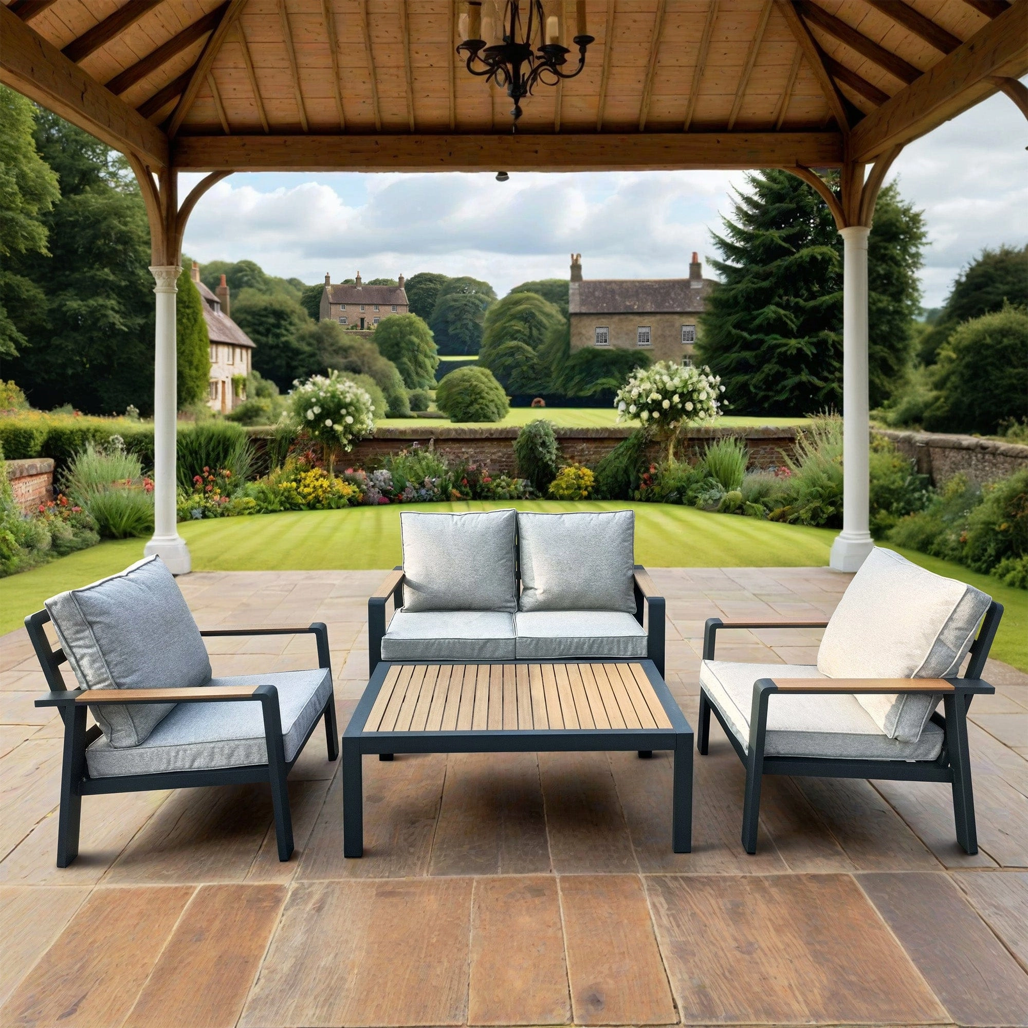 Antigua - 2 Seat Sofa Set In Grey Aluminium With Wood Effect