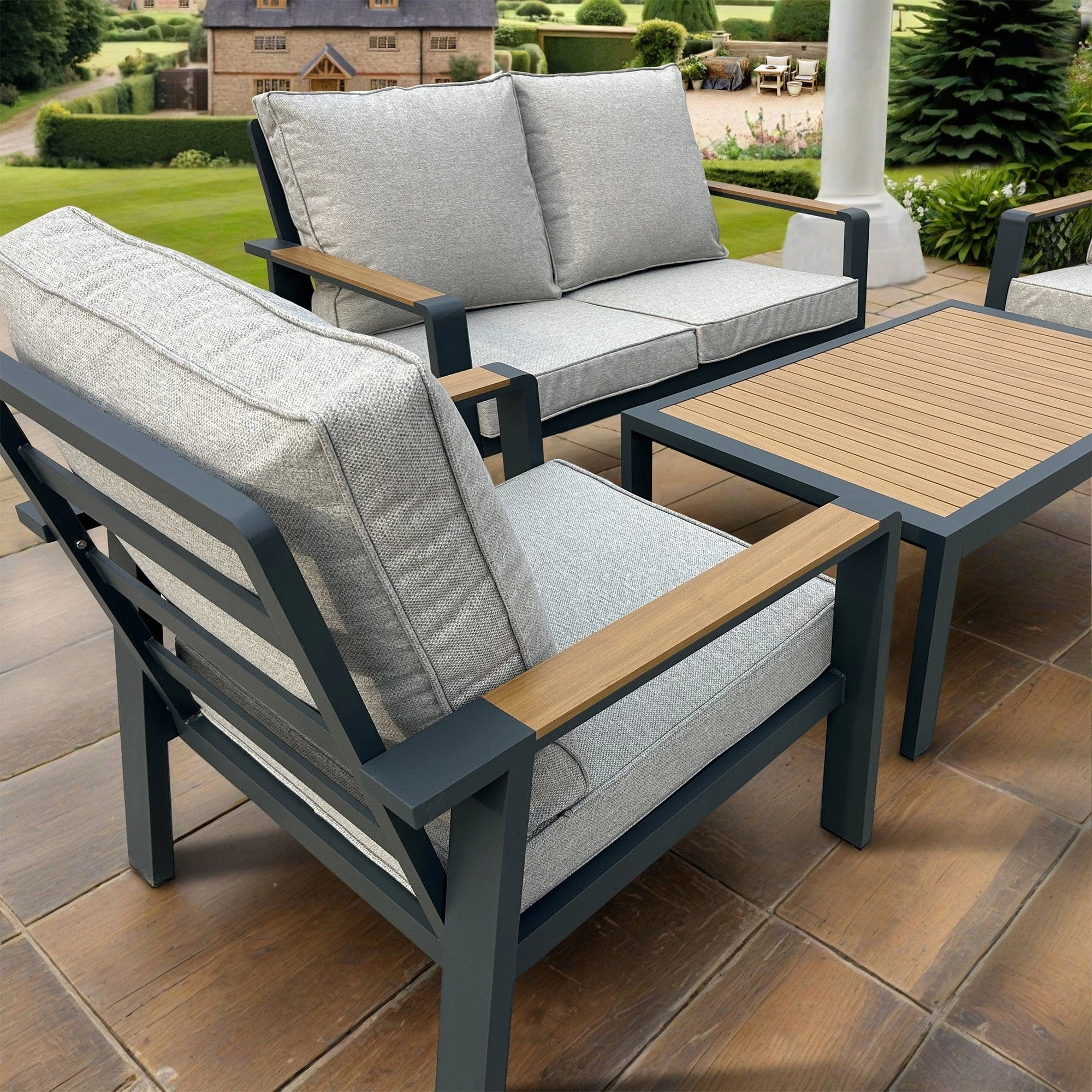 Antigua - 2 Seat Sofa Set In Grey Aluminium With Wood Effect
