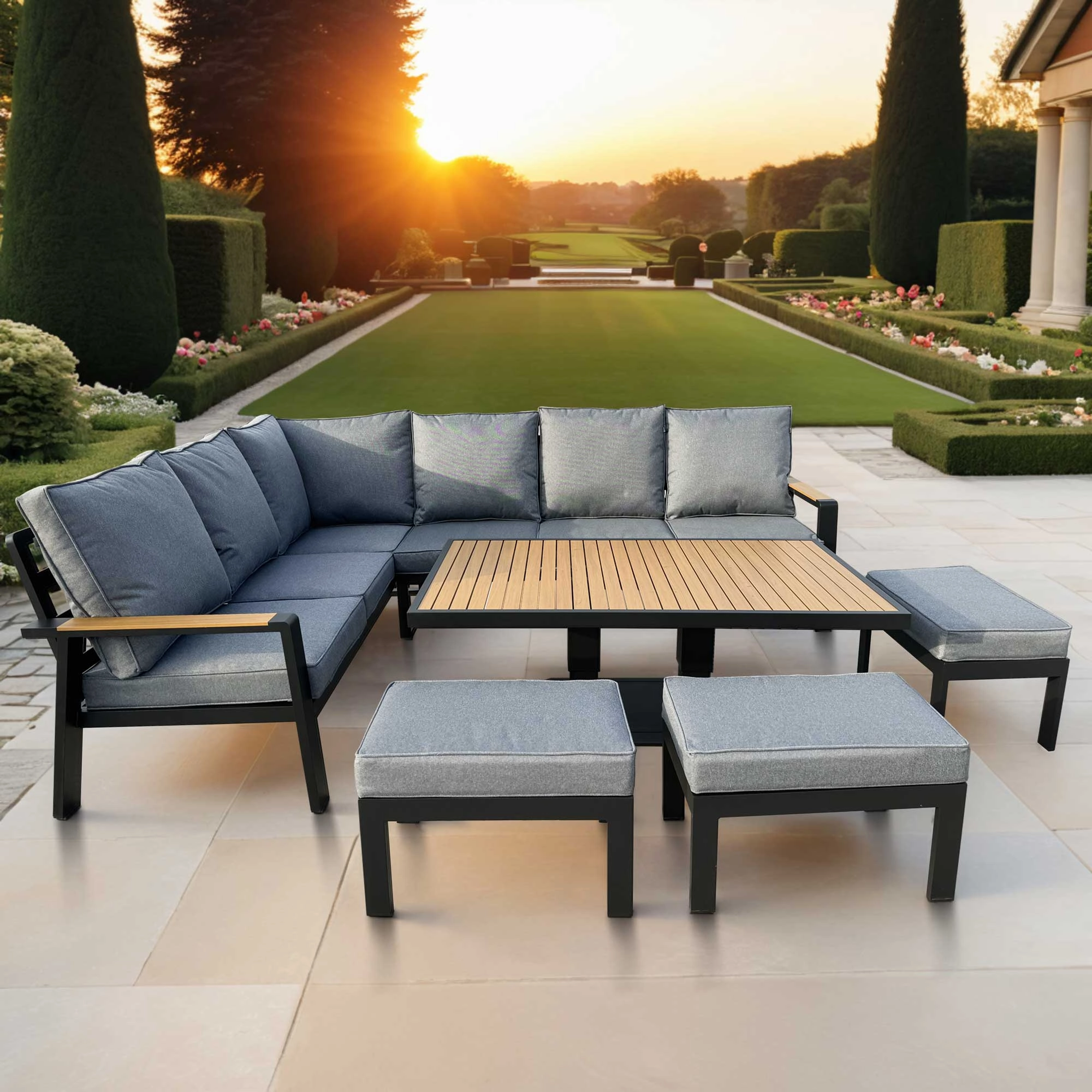 Antigua - Corner Dining Set With Rising Table In Grey Aluminium With Wood Effectaluminum alloy outdoor sofa set