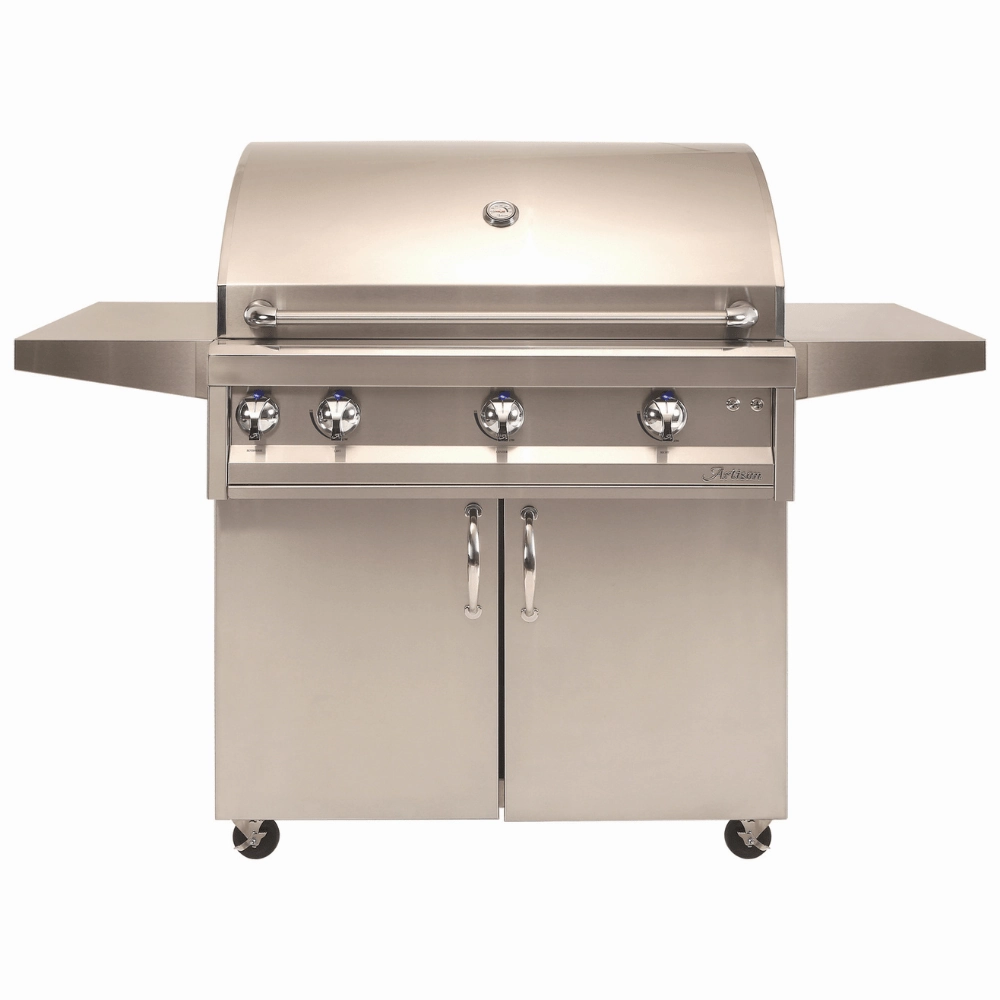 Artisan 36-Inch 3-Burner Professional Freestanding Gas Grill With Rotisserie & Light ARTP-36C-NG/LP stainless steel BBQ grill with side table