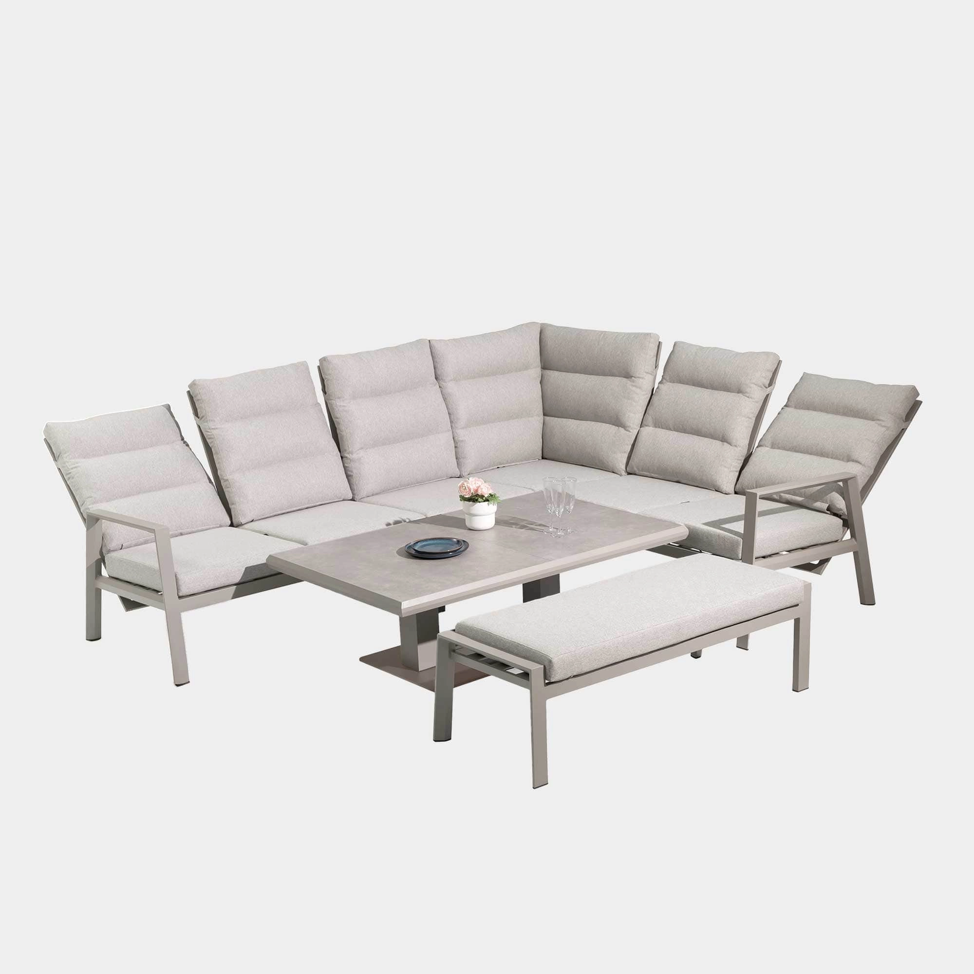 Barbados - Corner Reclining Sofa Dining Set With Rising Table In Grey Aluminuim & Ceramic Top