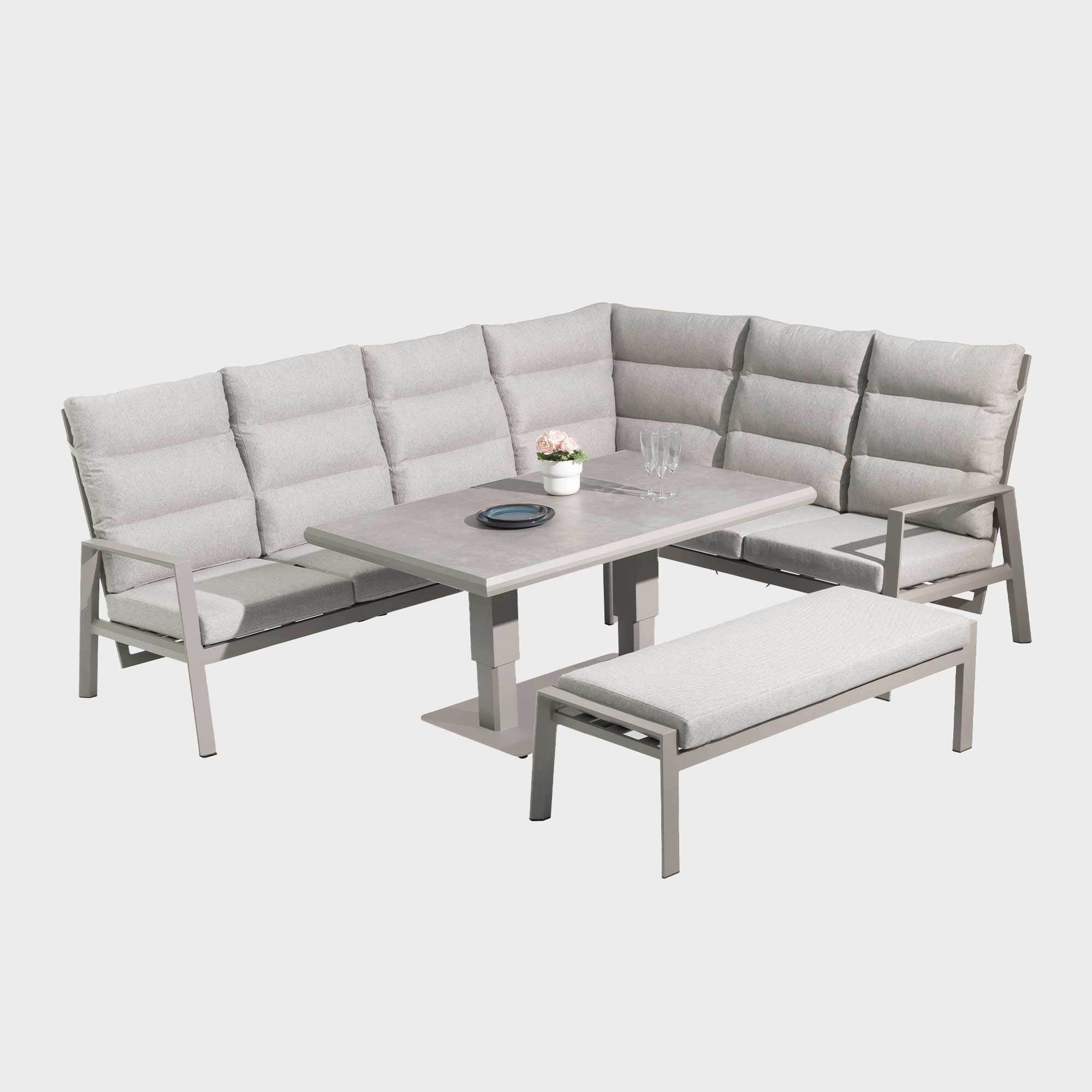 Barbados - Corner Reclining Sofa Dining Set With Rising Table In Grey Aluminuim & Ceramic Top