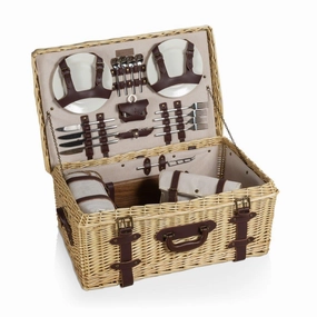 Clearance Sale Beige & White Gingham Lined Wicker Picnic Basket For 4