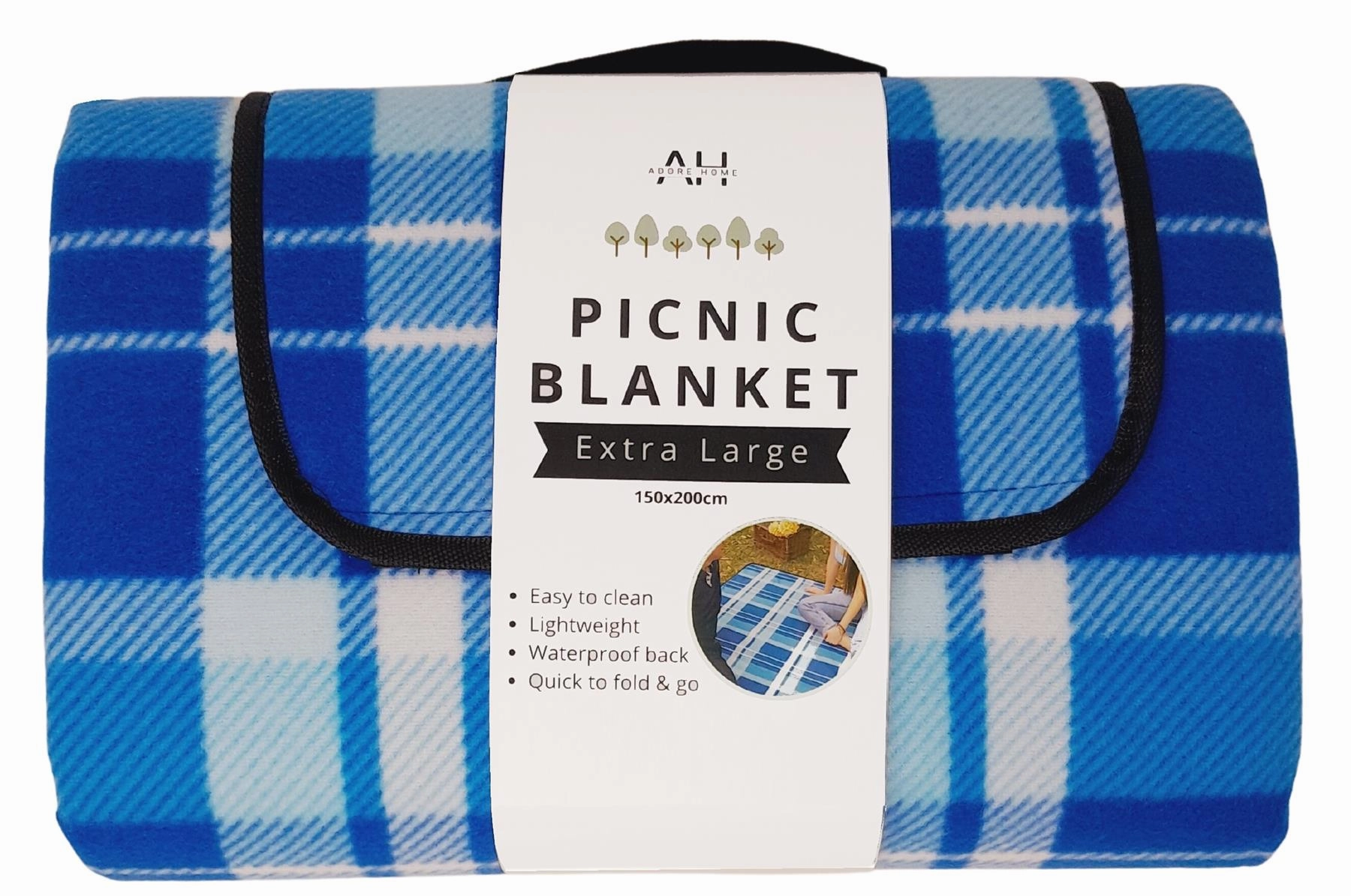 Blue Check Outdoor Picnic Blanket With Waterproof Reverse And Soft Fleece Top Grab It Fast