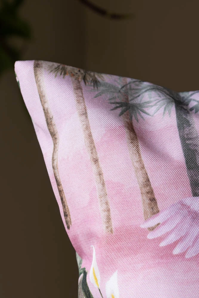 Blush Pink Palms & Tropical Birds Outdoor Cushion