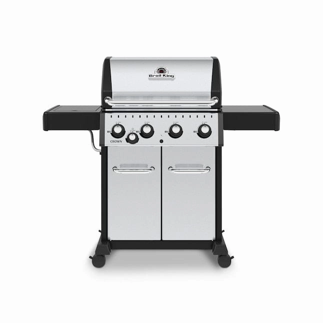 Broil King Crown S 440 Gas Grill with 4 Stainless Steel Dual-Tube Burners stainless steel BBQ grill with side table