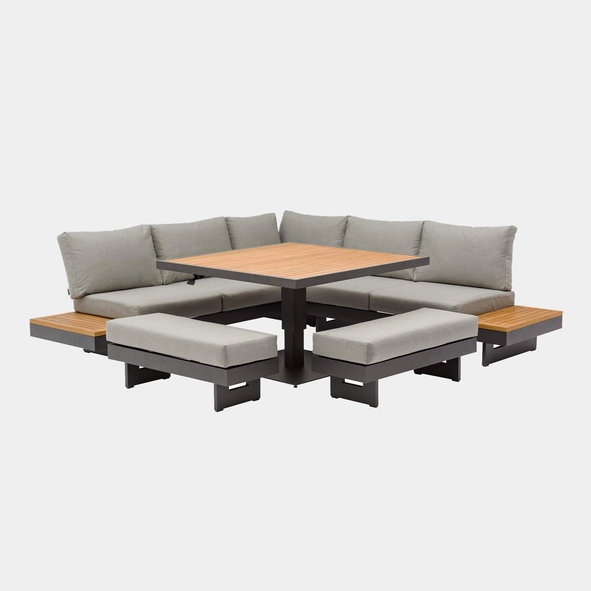 Cayman - Square Modular Corner Dining Set With Rising Table & 2 Benches In Aluminium & Teak