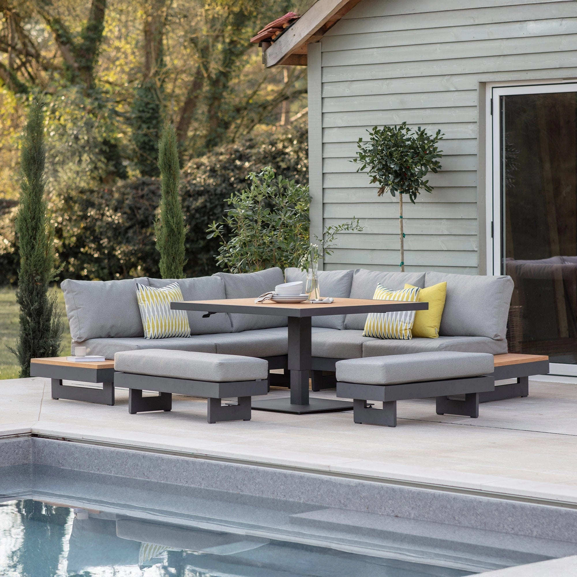 Cayman - Square Modular Corner Dining Set With Rising Table & 2 Benches In Aluminium & Teak