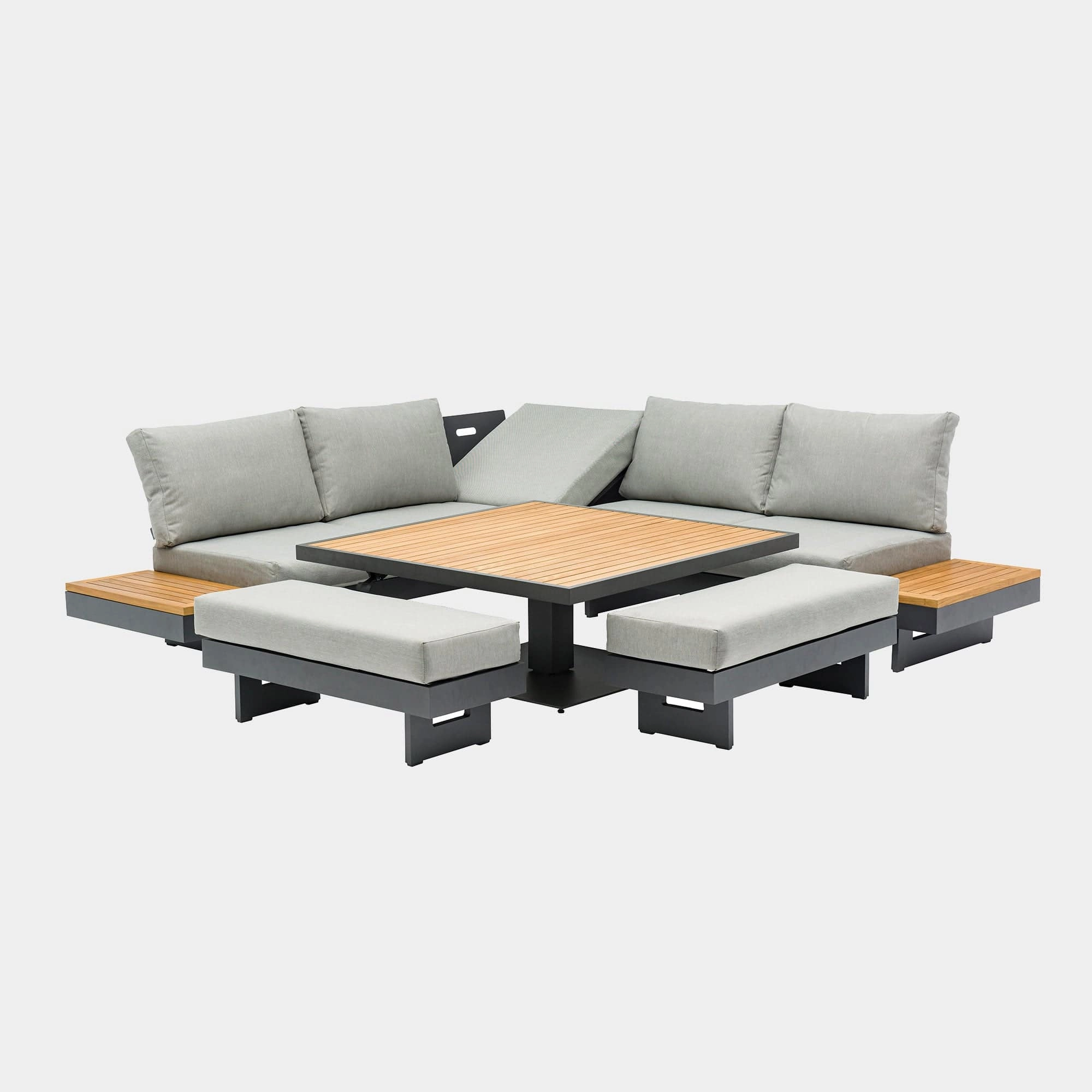 Cayman - Square Modular Corner Dining Set With Rising Table & 2 Benches In Aluminium & Teak