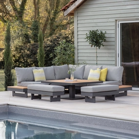 Cayman - Square Modular Corner Dining Set With Rising Table & 2 Benches In Aluminium & Teakaluminum alloy outdoor sofa set