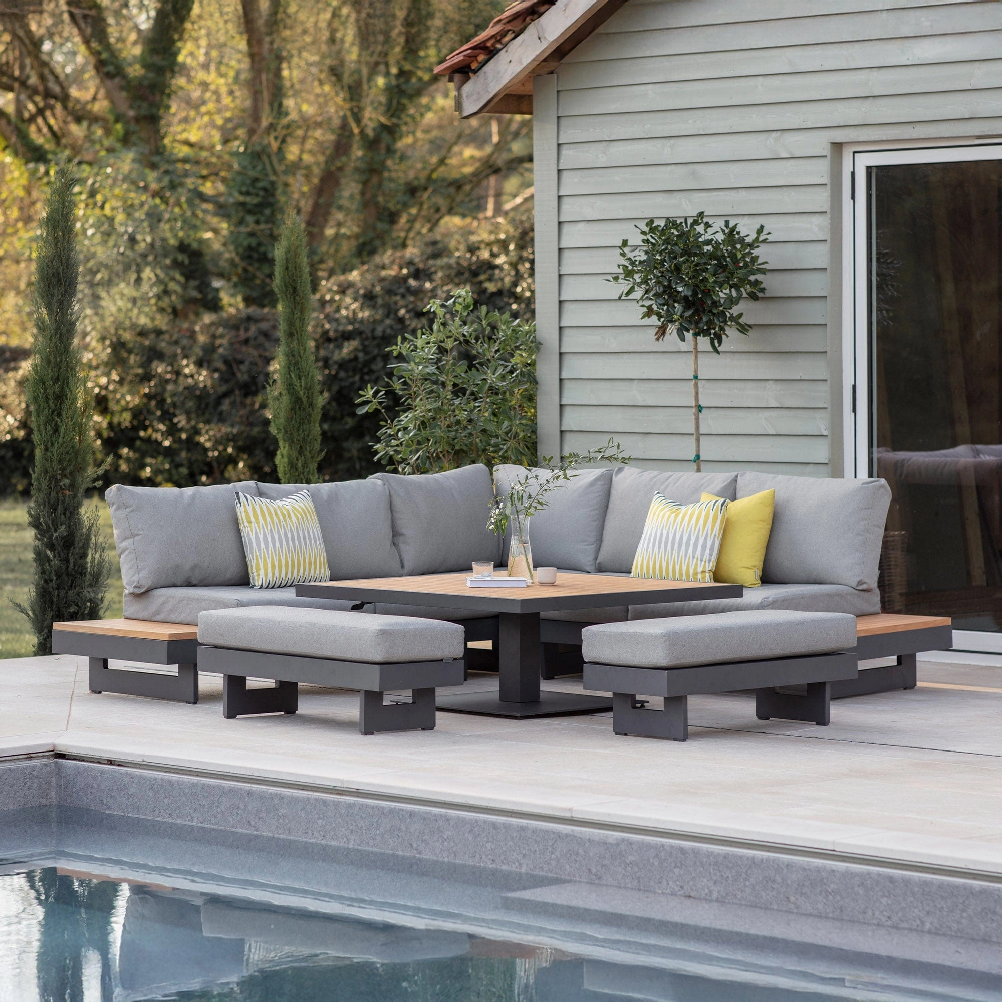 Cayman - Square Modular Corner Dining Set With Rising Table & 2 Benches In Aluminium & Teakaluminum alloy outdoor sofa set
