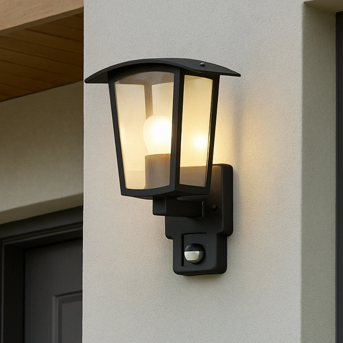 CGC ALLY Black E27 Outdoor Wall Light Lantern Clear Diffuser IP44 with PIR Motion SensorWeatherproof outdoor lighting