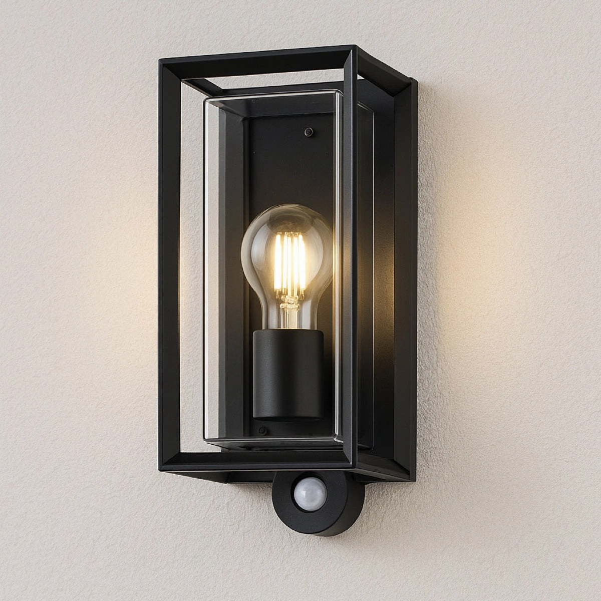 CGC FLORIANA PIR Black Outdoor Wall Light Clear Diffuser E27 Standard Screw IP54Weatherproof outdoor lighting