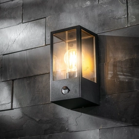 CGC MARINA Black E27 Outdoor PIR Motion Sensor Wall Light Box Lantern Clear Diffuser IP44Weatherproof outdoor lighting