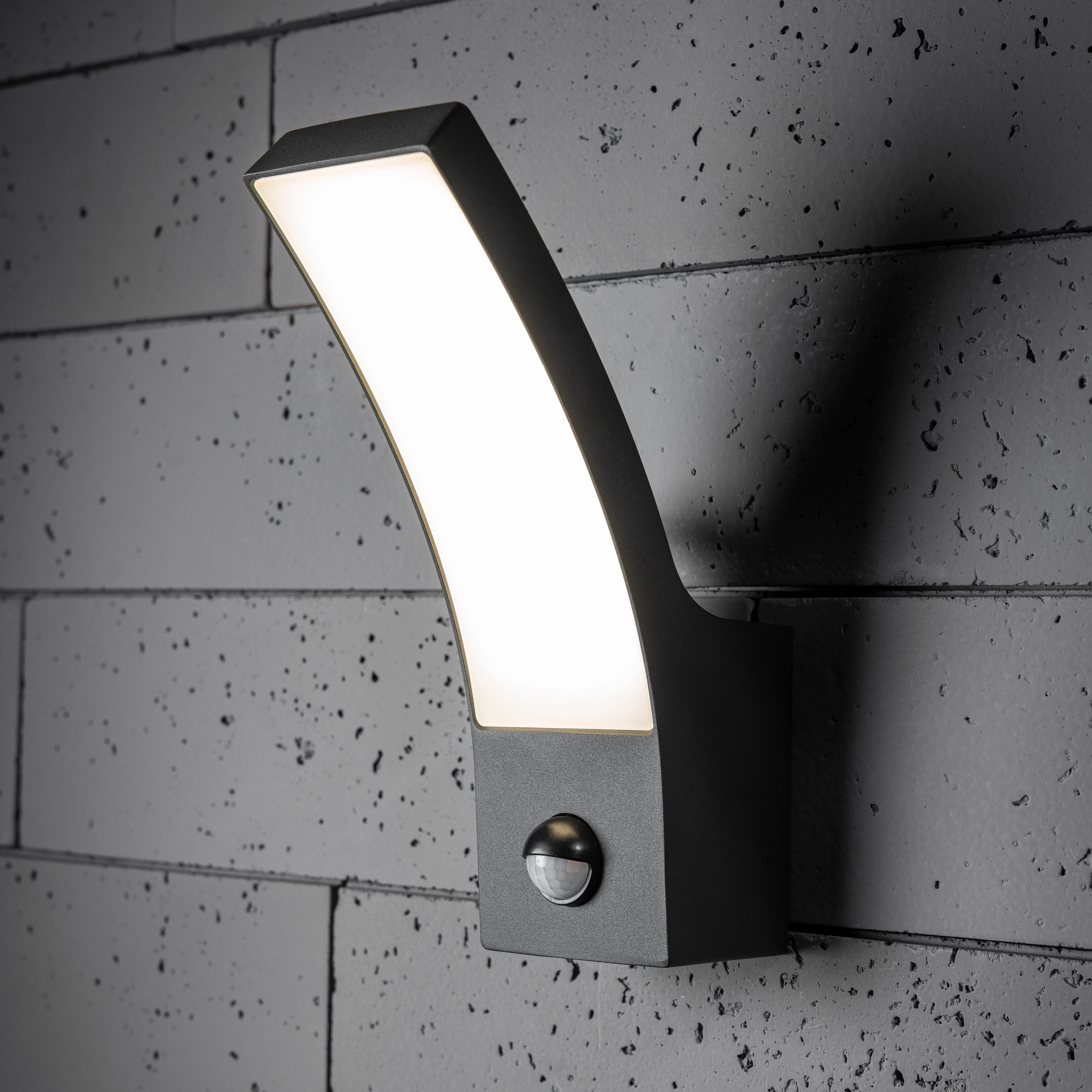 CGC MILLIE Anthracite Dark Grey Curved LED Wall Light PIR Motion Sensor Diecast Aluminium Opal Diffuser 4000k IP54Outdoor wall sconces with motion sensor