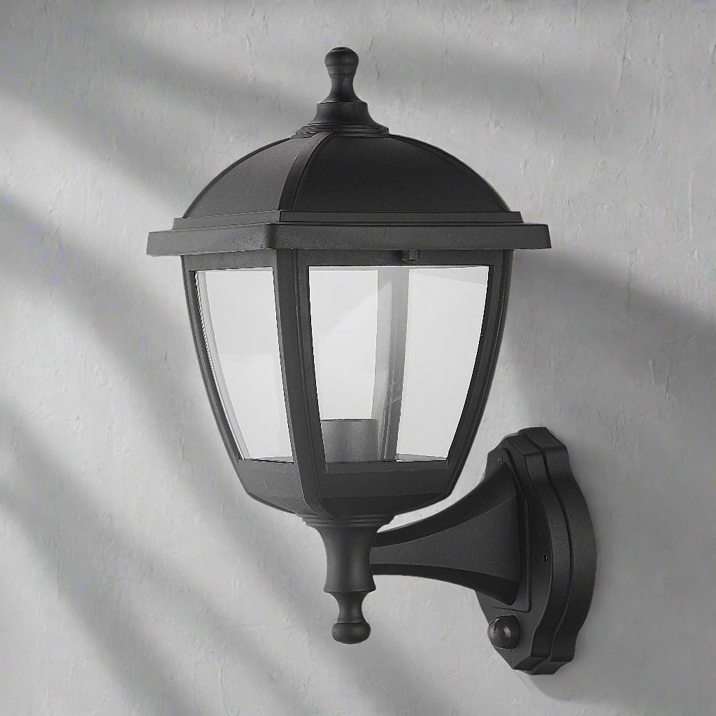 CGC MYRA Large Black Outdoor Wall Lantern Light PIR Motion Sensor with Clear Diffuser IP44 Polycarbonate Coastal