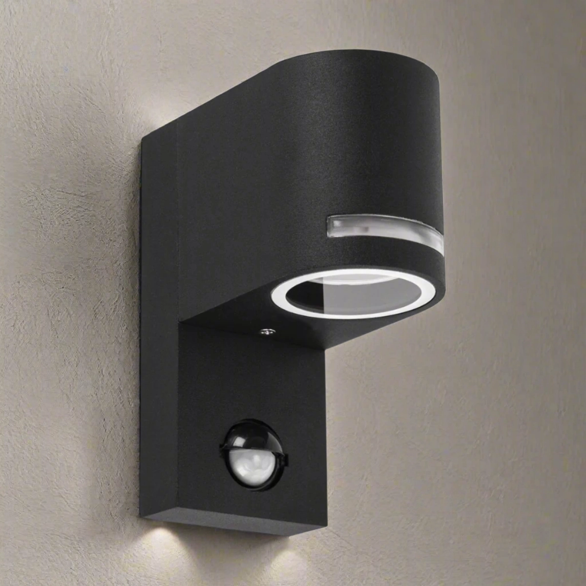 CGC OAX Black Curved PIR Motion Sensor GU10 Single Down Outdoor Wall Light with Halo Front IlluminationOutdoor wall sconces with motion sensor