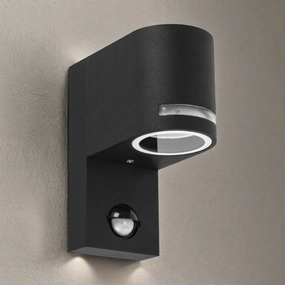 CGC OAX Black Curved PIR Motion Sensor GU10 Single Down Outdoor Wall Light with Halo Front IlluminationOutdoor wall sconces with motion sensor