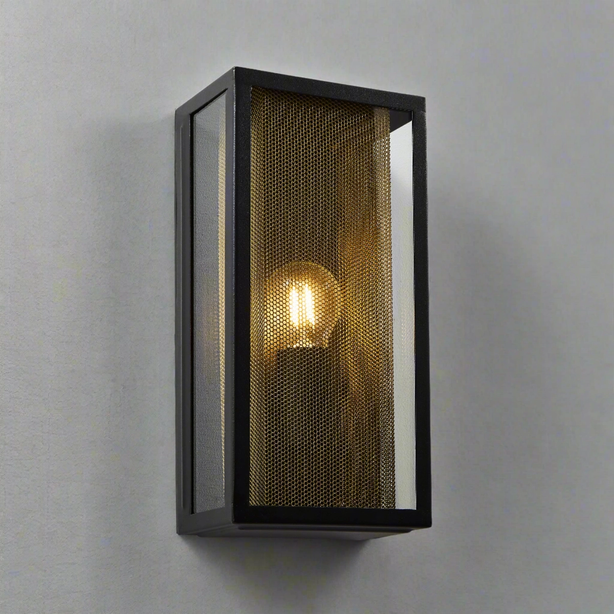 CGC SILAS Black Outdoor Box Lantern Wall Light with Brass Mesh Insert IP44 E27Weatherproof outdoor lighting