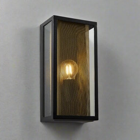 CGC SILAS Black Outdoor Box Lantern Wall Light with Brass Mesh Insert IP44 E27Weatherproof outdoor lighting