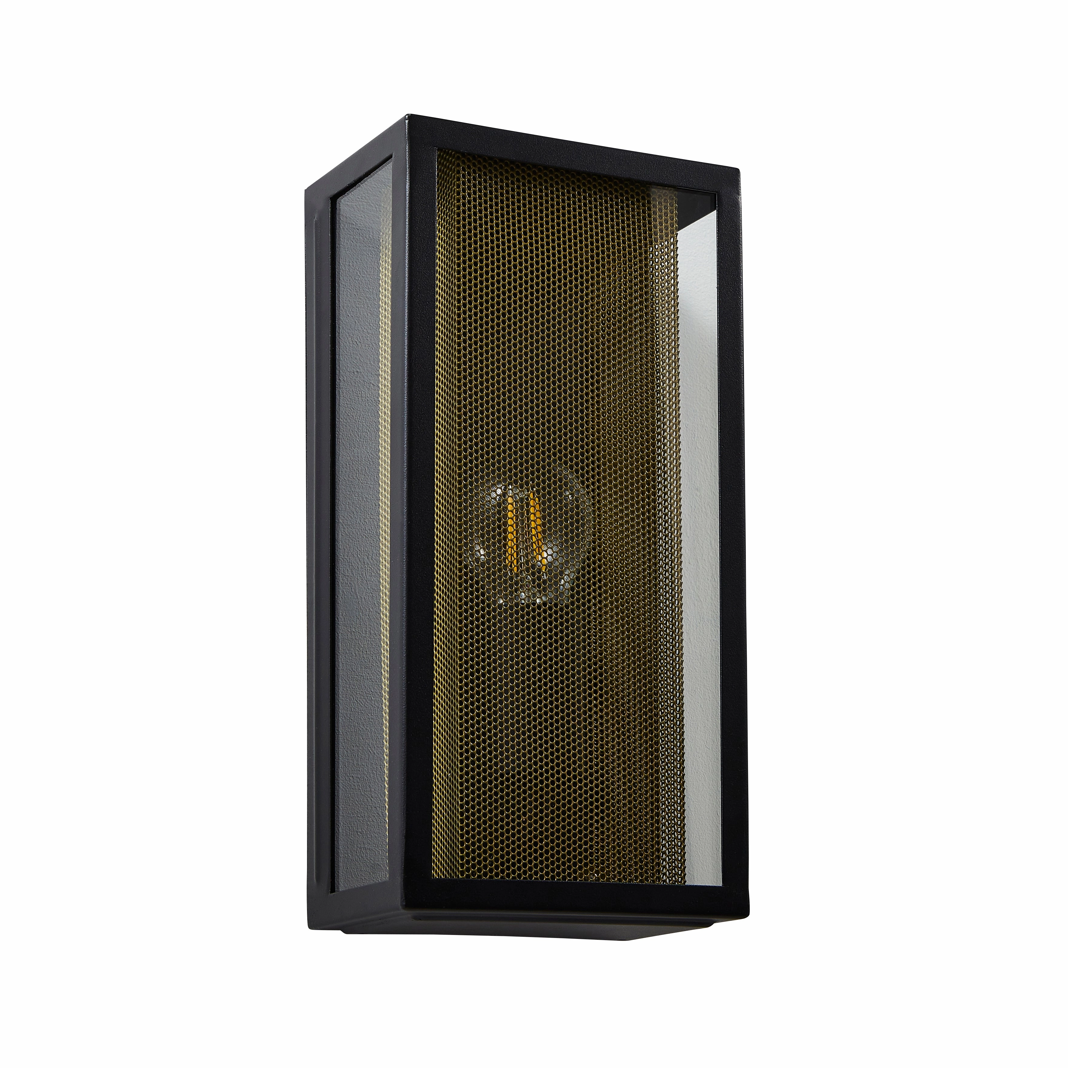 CGC SILAS Black Outdoor Box Lantern Wall Light with Brass Mesh Insert IP44 E27