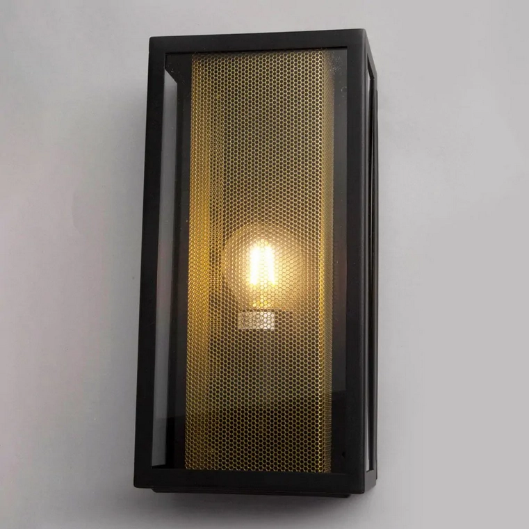 CGC SILAS Black Outdoor Box Lantern Wall Light with Brass Mesh Insert IP44 E27