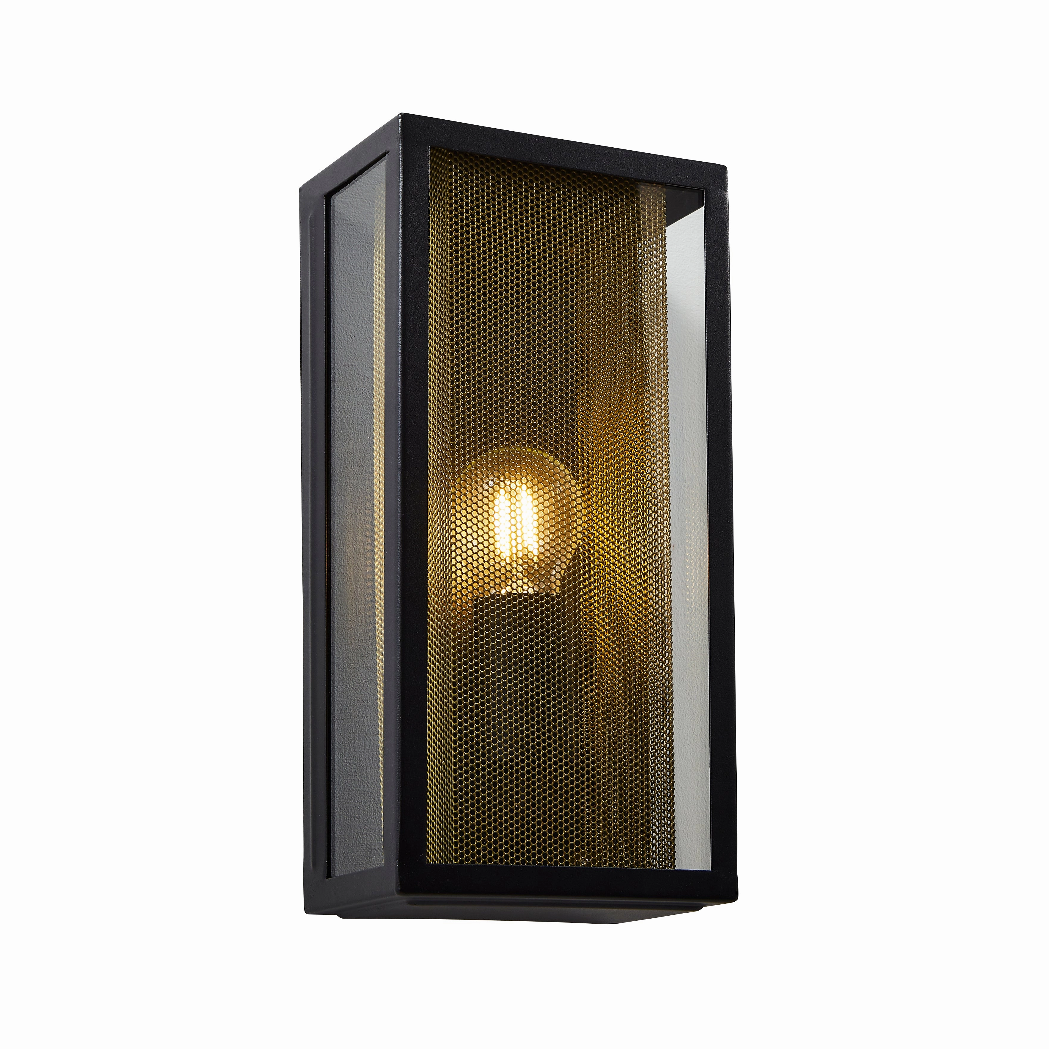 CGC SILAS Black Outdoor Box Lantern Wall Light with Brass Mesh Insert IP44 E27