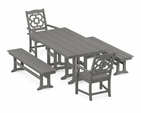 Chinoiserie 5-Piece Farmhouse Dining Set with Benchesoutdoor patio furniture set