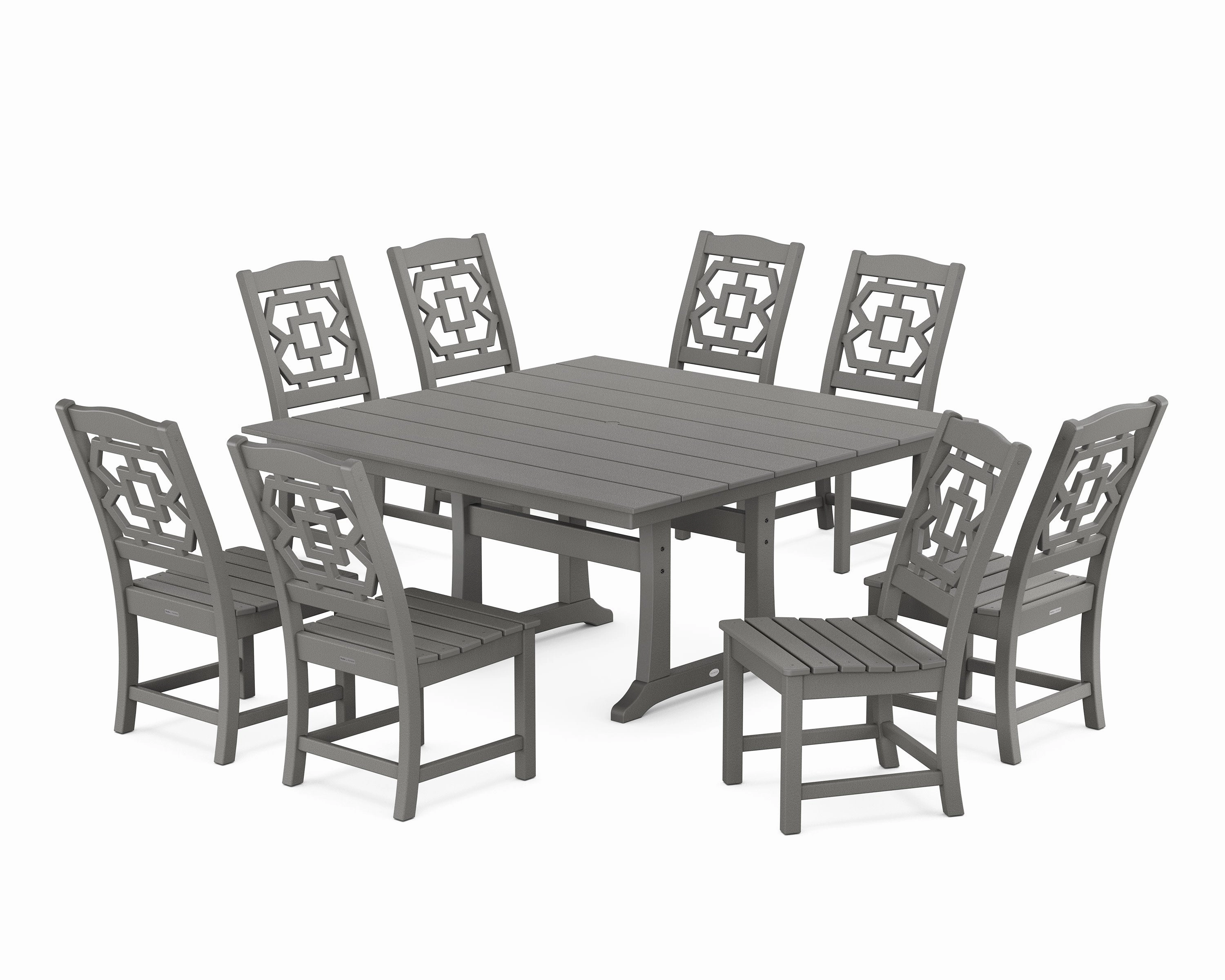 Chinoiserie 9-Piece Square Farmhouse Side Chair Dining Set with Trestle Legsoutdoor patio furniture set