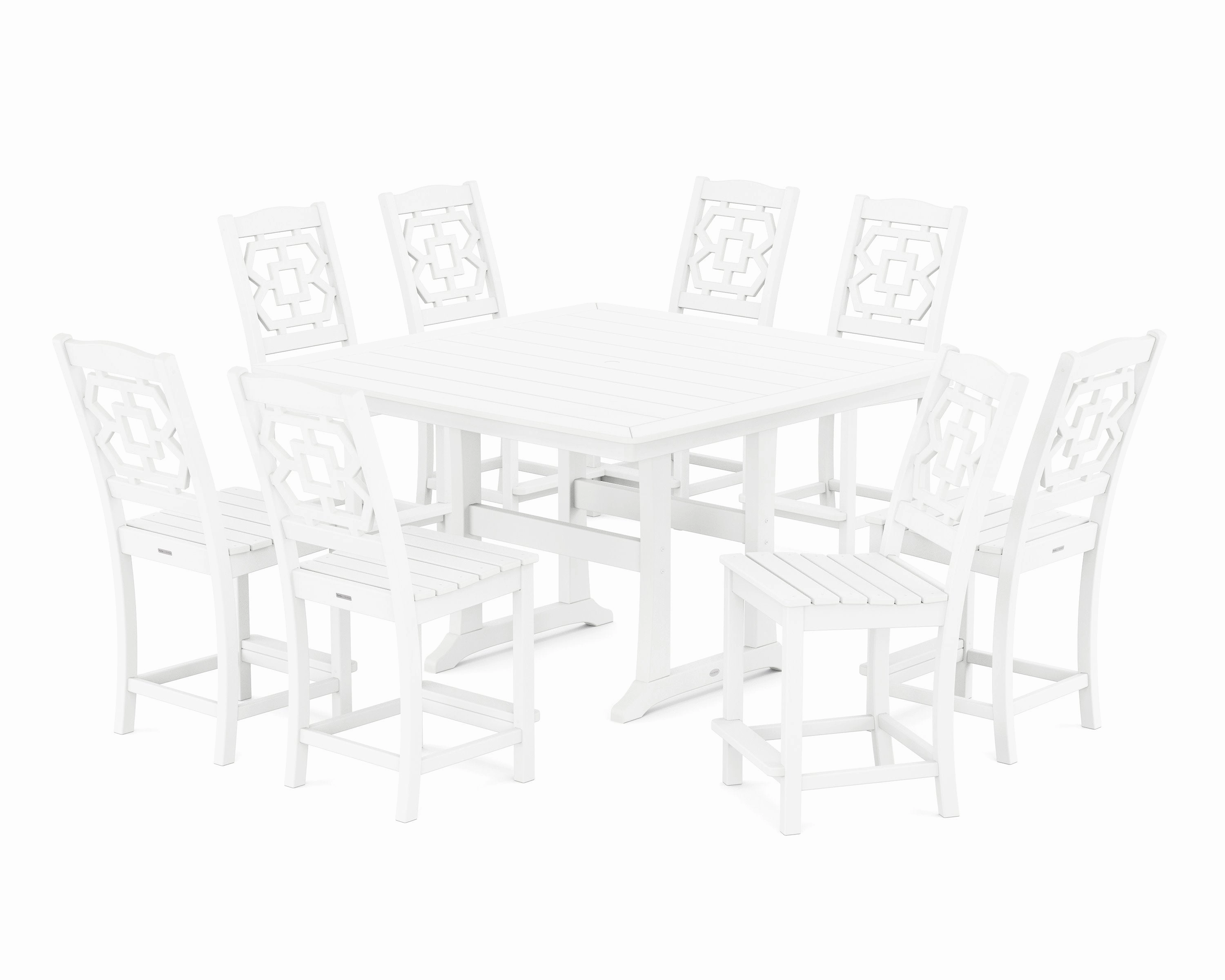 Chinoiserie 9-Piece Square Side Chair Counter Set with Trestle Legs