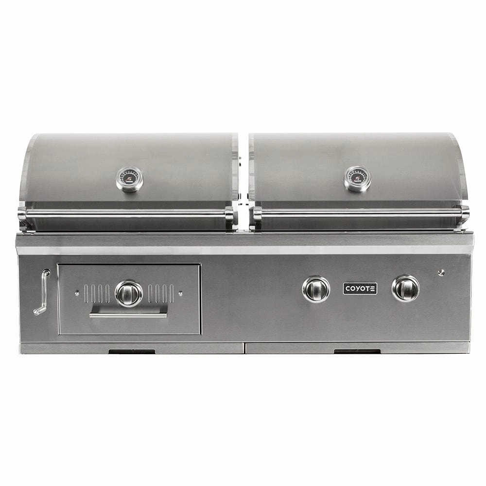 Coyote 50-inch Built-In Hybrid NG and Charcoal Grill C1HY50NG stainless steel BBQ grill with side table