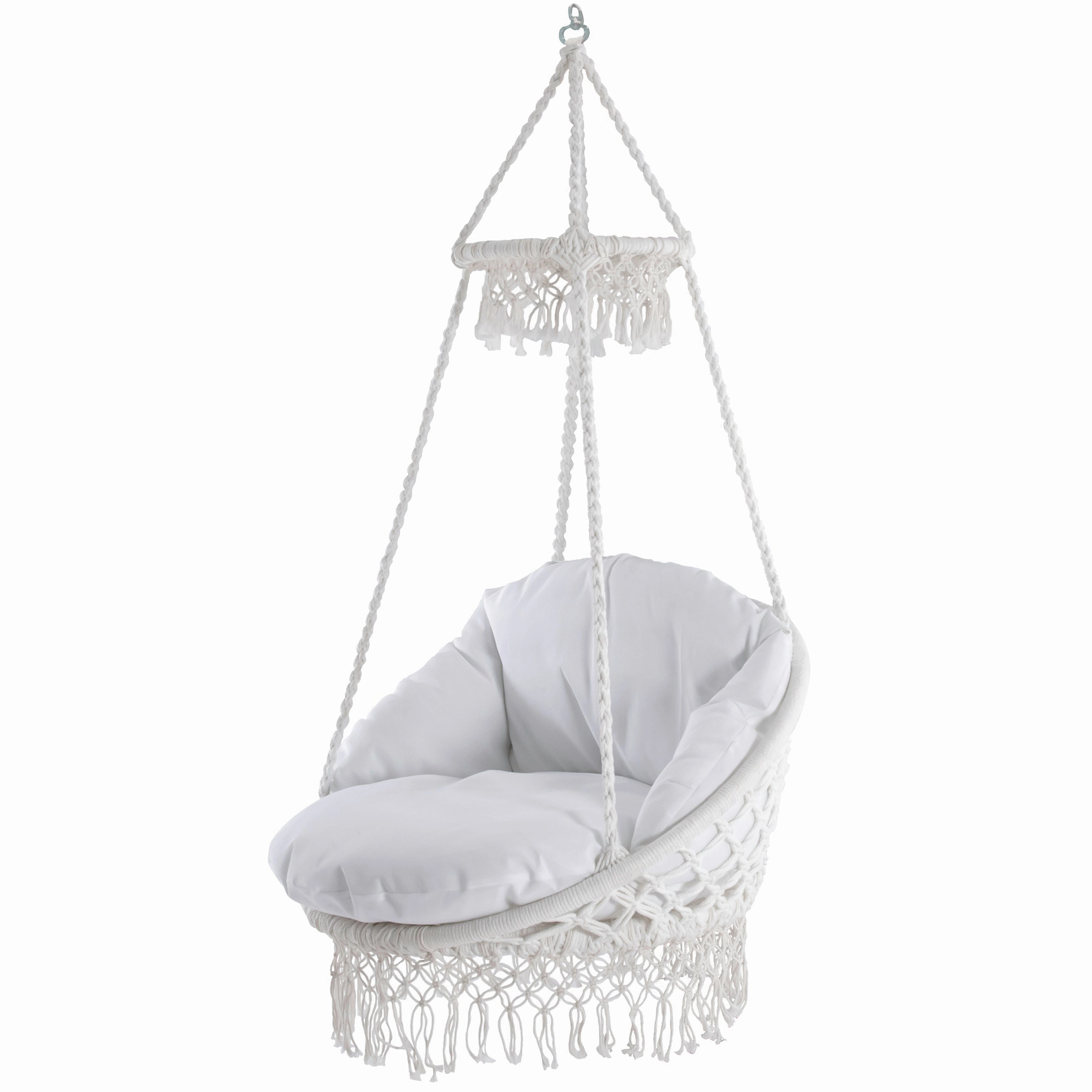Deluxe Macrame Chair With Fringe - White outdoor swing chair with steel frame