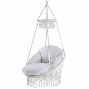Deluxe Macrame Chair With Fringe - White outdoor swing chair with steel frame